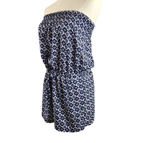 Ocean Club X-Small Blue White Geometric Romper Off Shoulder Smocked Tie Waist - Picture 5 of 14